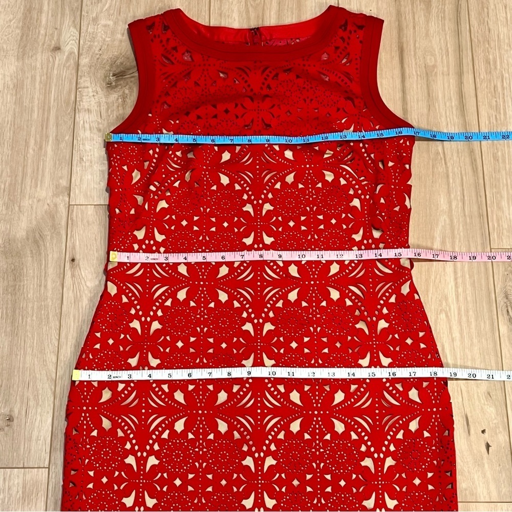 Tadashi Shoji Red Laser Cut Suede Sheath Knee Length Dress Size medium - Picture 12 of 16